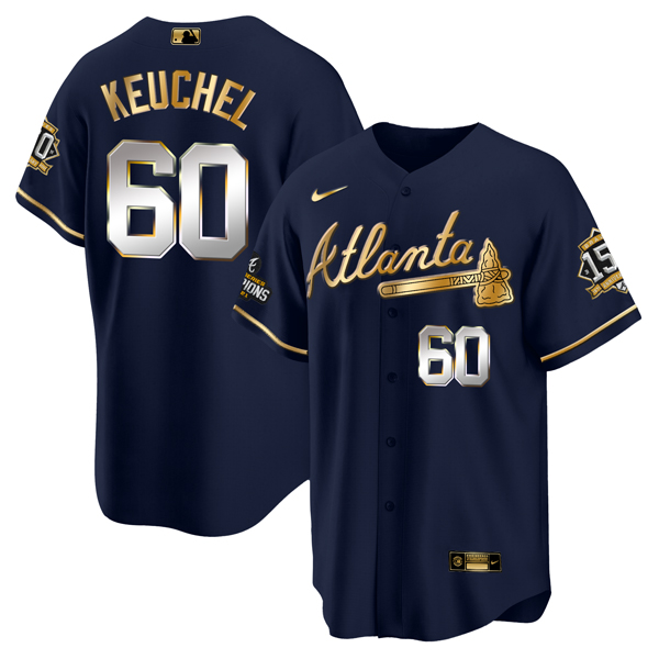 Men's Atlanta Braves #60 Dallas Keuchel 2021 Navy/Gold World Series Champions With 150th Anniversary Patch Cool Base Stitched Jersey Men's Atlanta Braves #60 Dallas Keuchel 2021 Navy/Gold World Series Champions With 150th Anniversary Patch Cool Base Stitched Jersey